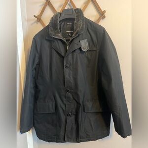 Claiborne Black Dobby Tech Faux Fur Trim Field Coat Large